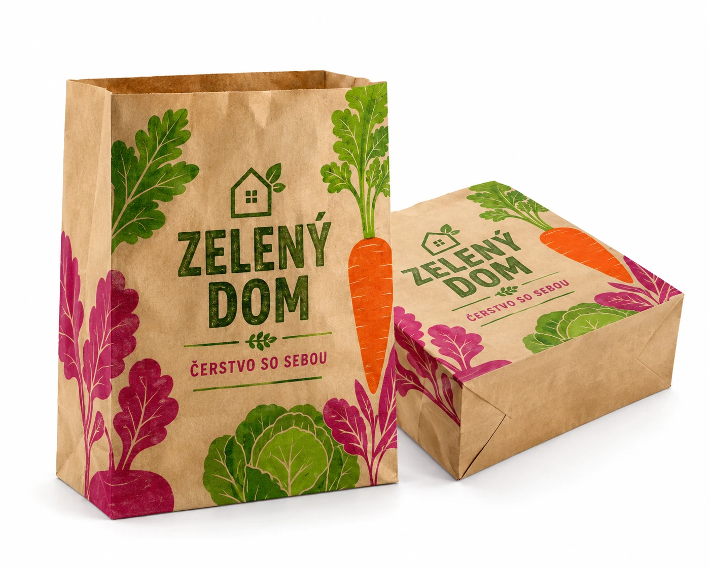 Kraftové menuboxové tašky bez uší s grafikou fiktívnej značky Zelený dom