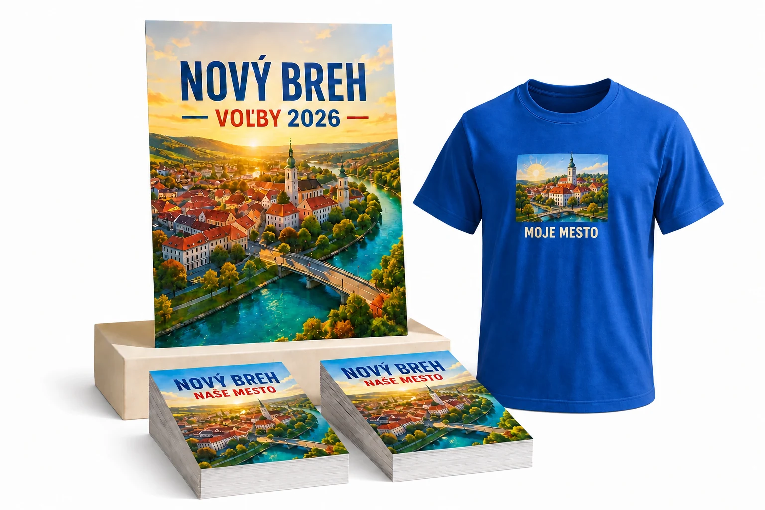 Ukážka jednotnej grafiky na letákoch, plagátoch a tričku pre fiktívne mesto Nový Breh